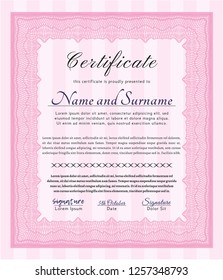 Pink Awesome Certificate template. Artistry design. Vector illustration. With complex background. 