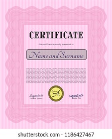Pink Awesome Certificate template. With background. Vector illustration. Money Pattern. 