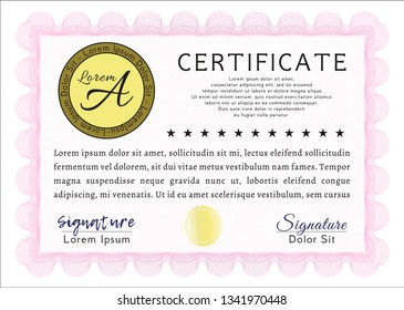 Pink Awesome Certificate template. With background. Vector illustration. Money design. 