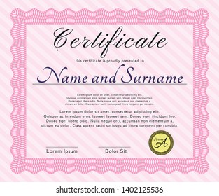 Pink Awesome Certificate template. With background. Detailed. Modern design. 