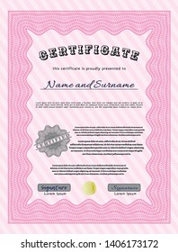 Pink Awesome Certificate template. With background. Superior design. Detailed. 