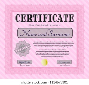 Pink Awesome Certificate template. Beauty design. With complex background. Detailed. 