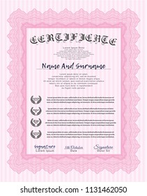 Pink Awesome Certificate template. Complex background. Perfect design. Vector illustration. 