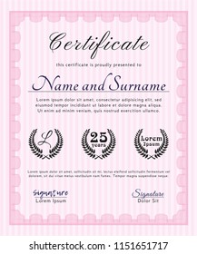 Pink Awesome Certificate template. With complex background. Detailed. Elegant design. 