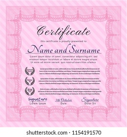 Pink Awesome Certificate template. With complex background. Detailed. Lovely design. 