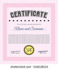 Pink Awesome Certificate template. Complex background. Detailed. Elegant design. 