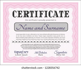 Pink Awesome Certificate template. With complex linear background. Money Pattern design. Vector illustration. 