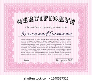 Pink Awesome Certificate template. Complex background. Money Pattern. Vector illustration. 