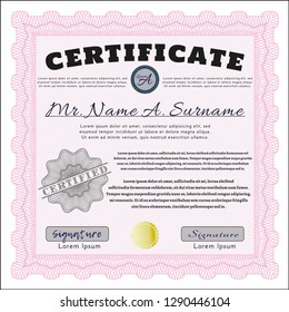 Pink Awesome Certificate template. Complex background. Money style design. Vector illustration. 