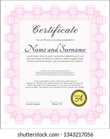 Pink Awesome Certificate template. With complex linear background. Detailed. Money style design. 