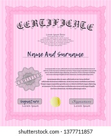 Pink Awesome Certificate template. With complex background. Detailed. Excellent design. 