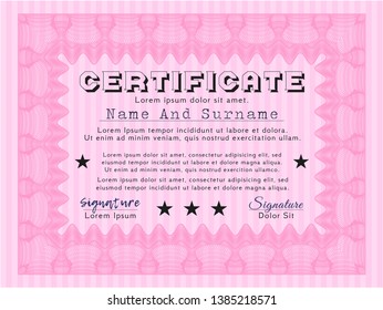 Pink Awesome Certificate template. Cordial design. Vector illustration. With complex linear background. 