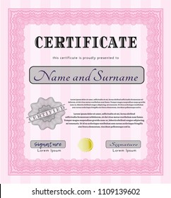  Pink Awesome Certificate template. Customizable, Easy to edit and change colors. With complex linear background. Money design. 