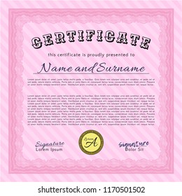 Pink Awesome Certificate template. Customizable, Easy to edit and change colors. Complex background. Money design. 
