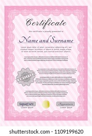 Pink Awesome Certificate template. Detailed. With guilloche pattern. Retro design. 