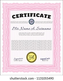 Pink Awesome Certificate template. Detailed. With guilloche pattern and background. Beauty design. 
