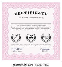 Pink Awesome Certificate template. Detailed. With complex background. Elegant design. 