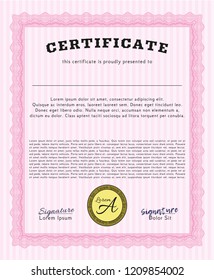 Pink Awesome Certificate template. Detailed. Complex background. Money Pattern design. 