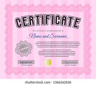Pink Awesome Certificate template. Elegant design. Detailed. With complex background. 