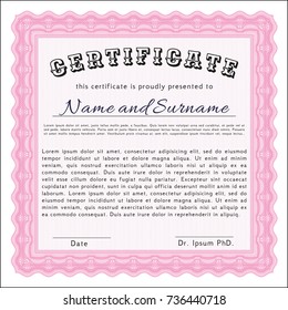 Pink Awesome Certificate template. Elegant design. With guilloche pattern. Vector illustration. 