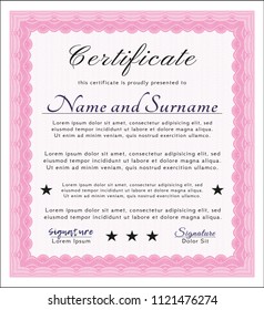 Pink Awesome Certificate template. Excellent design. With complex linear background. Detailed. 