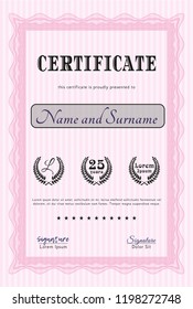 Pink Awesome Certificate template. With great quality guilloche pattern. Detailed. Modern design. 