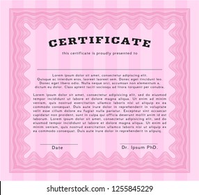 Pink Awesome Certificate template. With guilloche pattern. Vector illustration. Retro design. 