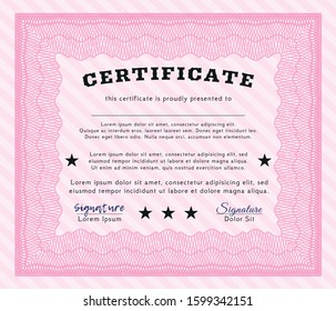 Pink Awesome Certificate template. With guilloche pattern. Superior design. Vector illustration. 