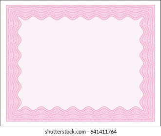 Pink Awesome Certificate template. Money Pattern. Detailed. With great quality guilloche pattern. 