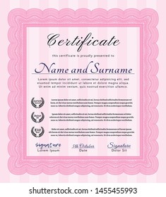 Pink Awesome Certificate template. Nice design. Vector illustration. With complex linear background. 