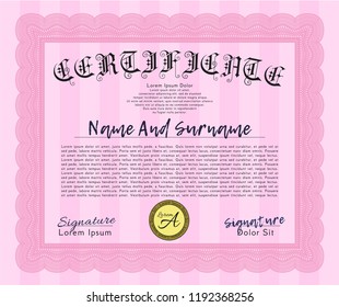Pink Awesome Certificate template. Retro design. With great quality guilloche pattern. Detailed. 