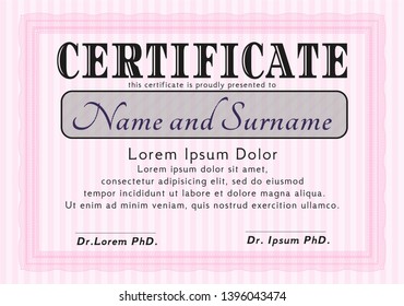 Pink Awesome Certificate template. Retro design. Detailed. With great quality guilloche pattern. 