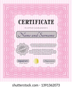 Pink Awesome Certificate template. Superior design. Vector illustration. With complex linear background. 