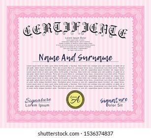 Pink Awesome Certificate template. Superior design. Vector illustration. With great quality guilloche pattern. 