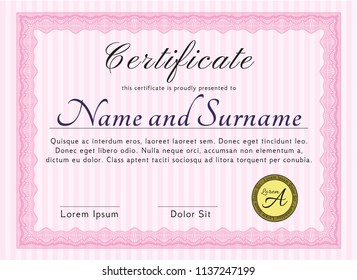 Pink Awesome Certificate template. Vector illustration. With great quality guilloche pattern. Retro design. 