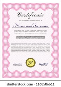 Pink Awesome Certificate template. Vector illustration. Easy to print. Good design. 