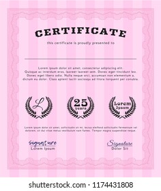 Pink Awesome Certificate template. Vector illustration. With quality background. Money design. 
