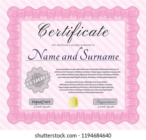 Pink Awesome Certificate template. Vector illustration. With guilloche pattern. Good design. 