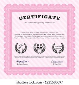 Pink Awesome Certificate template. Vector illustration. With linear background. Sophisticated design. 