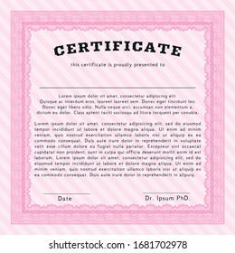 Pink Awesome Certificate template. Vector illustration. With great quality guilloche pattern. Excellent design. 