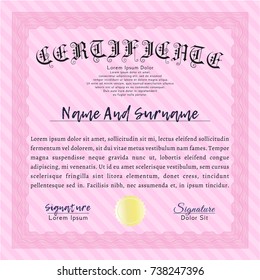 Pink Awesome Certificate template. Vector illustration. With great quality guilloche pattern. Money Pattern. 