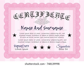 Pink Awesome Certificate template. Vector illustration. With guilloche pattern and background. Sophisticated design. 