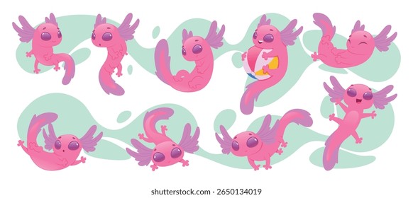 Pink axolotl. Adorable cute character amphibian in different poses exact vector cartoon templates