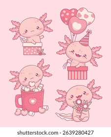 Pink Axolotl. Cute little cartoon kawaii character. Joyful birthday boy in gift box with balloons, bouquet flowers and in cup Hot Cocoa with Marshmallow. Isolated Vector illustration. Kids collection