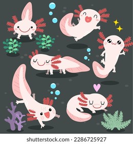 Pink Axolotl. kawaii cartoon.cute animal. aquatic monster. Kid Animal vector.Draw vector illustration character collection funny Axolotl. Doodle cartoon style.