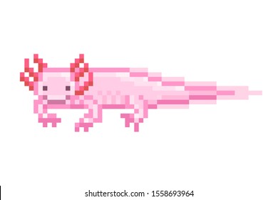 axolotl rosa, personaje de arte píxel aislado en fondo blanco. Icono de salamandra meme de 8 bits. Máquina de tragaperras retro/gráficos de videojuegos antiguos. Logotipo animal/animal exótico de mascotas.