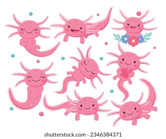 Pink axolotls set.Vector illustration. Isolated illustration on white background.Cartoon style.