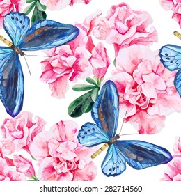 Pink Azalea and blue butterflies. Seamless, hand painted, watercolor pattern. Vector background