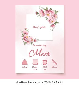 Cartaz de anúncio de bebê rosa com detalhes de nascimento para menina recém-nascida, com ilustrações lisas bonitas e elementos decorativos