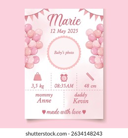 Cartaz de anúncio de bebê rosa com detalhes de nascimento para uma menina, inclui elementos decorativos e espaço para nome, data, peso e outras informações sobre o bebê